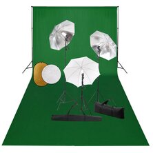 Fotostudioset met lampen, paraplu&apos;s, achtergrond en reflector