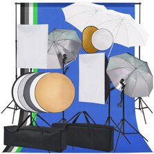 Fotostudioset met softboxlampen paraplu&apos;s achtergrond reflector