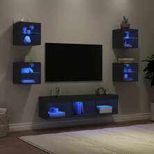 7-delige tv-wandmeubelset met LED bewerkt hout zwart