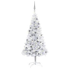 Kunstkerstboom met verlichting en kerstballen 120 cm PET zilver