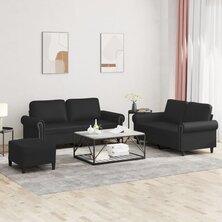 3-delige Loungeset met kussens kunstleer zwart