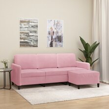 Driezitsbank met voetenbank 180 cm fluweel roze