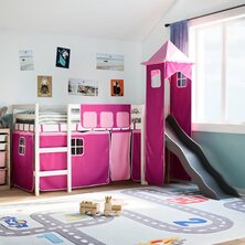 Kinderhoogslaper met toren 90x200 cm massief grenenhout roze