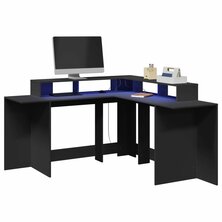 Bureau met LED-verlichting 152x152x91 cm bewerkt hout zwart