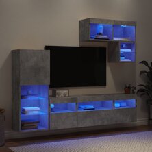 6-delige Tv-wandmeubelset met LED bewerkt hout betongrijs