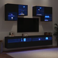 6-delige Tv-wandmeubelset met LED-verlichting zwart