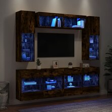 6-delige Tv-wandmeubelset met LED-verlichting gerookt eiken