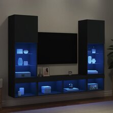 5-delige Tv-wandmeubelset met LED bewerkt hout zwart