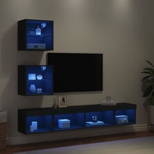 5-delige Tv-wandmeubelset met LED bewerkt hout zwart