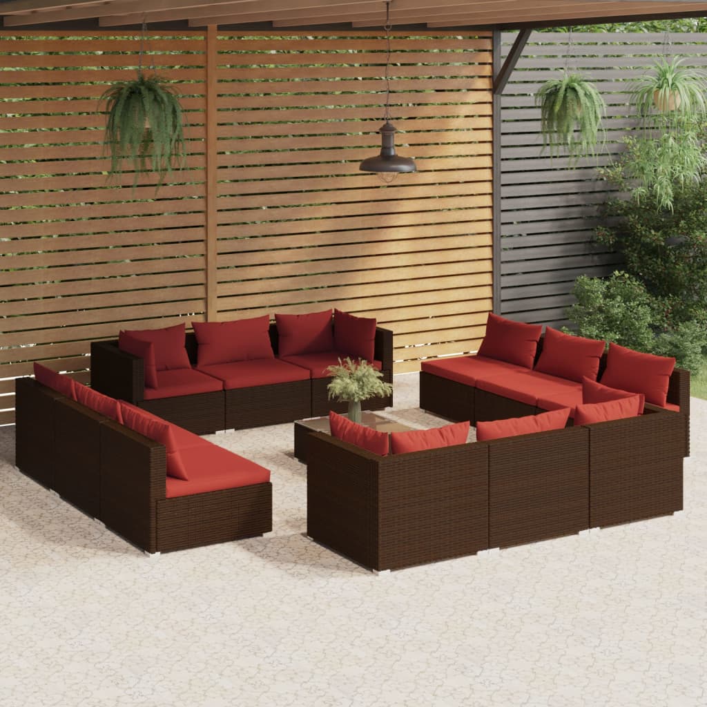 vidaxl 13-delige Loungeset met kussens poly rattan bruin