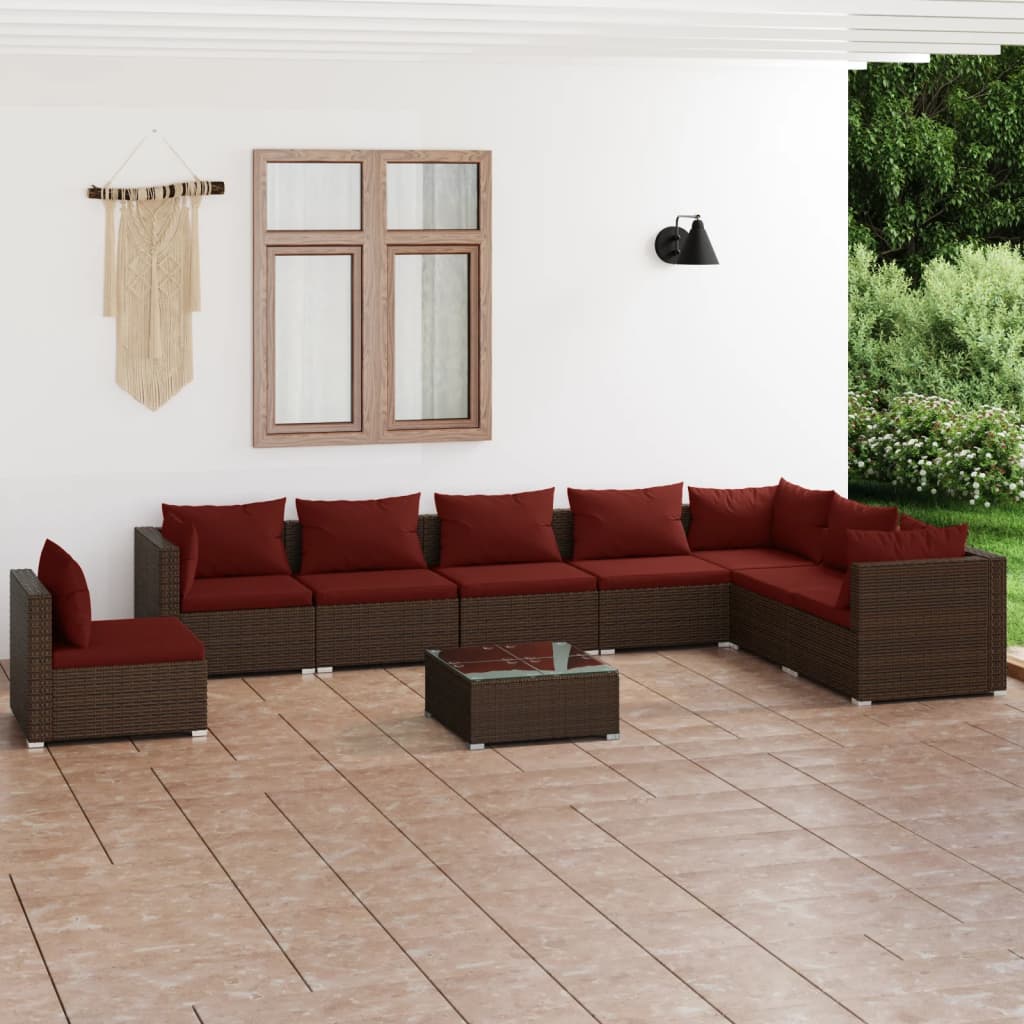 vidaxl 9-delige Loungeset met kussens poly rattan bruin