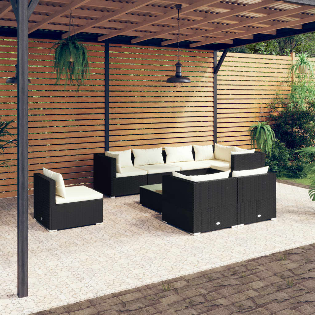 VidaXL 9-delige Loungeset met kussens poly rattan zwart