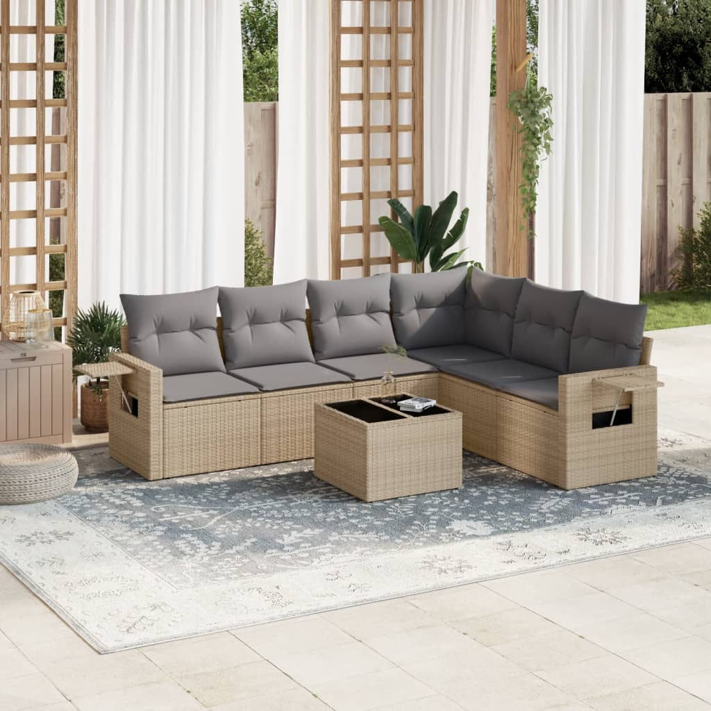 VidaXL 7-delige Loungeset met kussens poly rattan beige