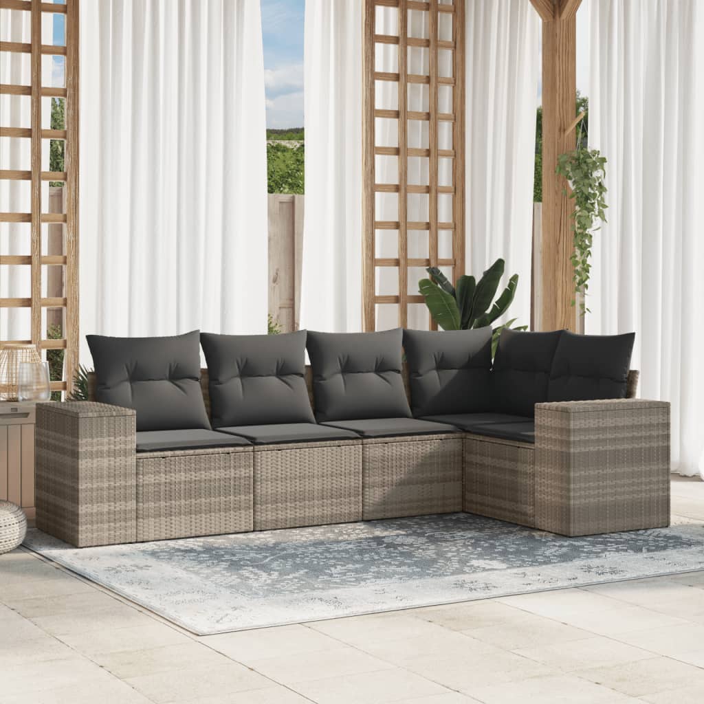 VidaXL 5-delige Loungeset met kussens poly rattan lichtgrijs