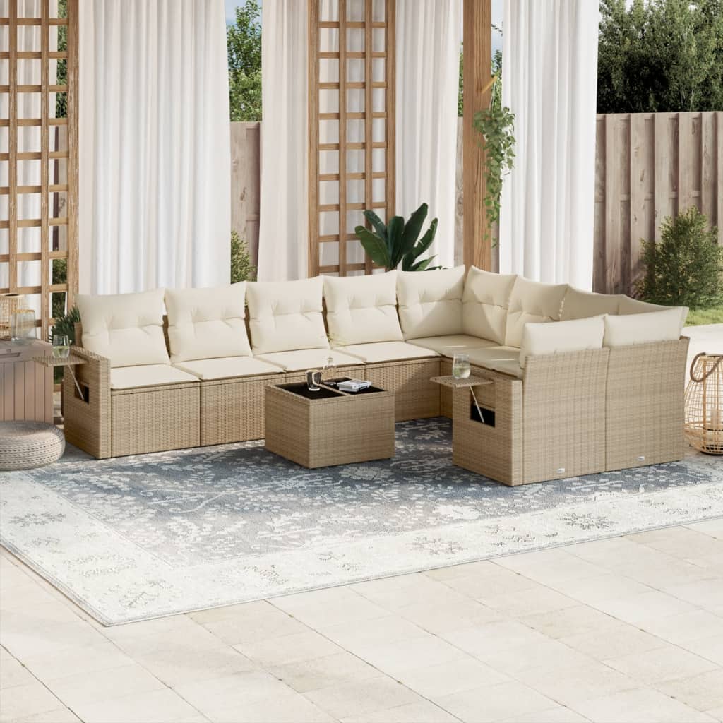 VidaXL 10-delige Loungeset met kussens poly rattan beige