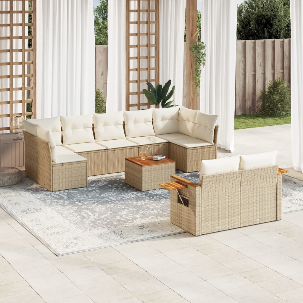 vidaxl 10-delige Loungeset met kussens poly rattan beige