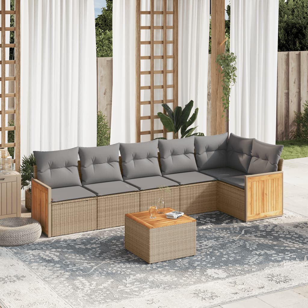 vidaxl 7-delige Loungeset met kussens poly rattan beige