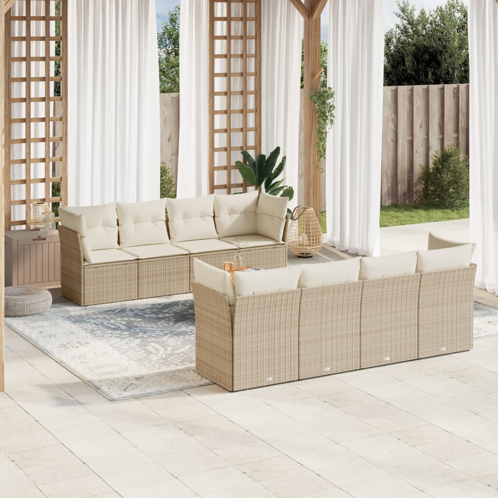 vidaxl 9-delige Loungeset met kussens poly rattan beige