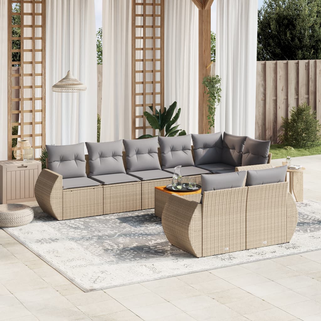 vidaxl 9-delige Loungeset met kussens poly rattan beige