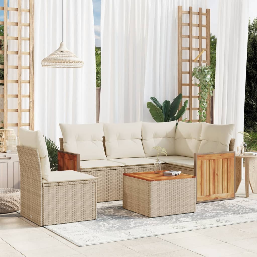 vidaxl 6-delige Loungeset met kussens poly rattan beige