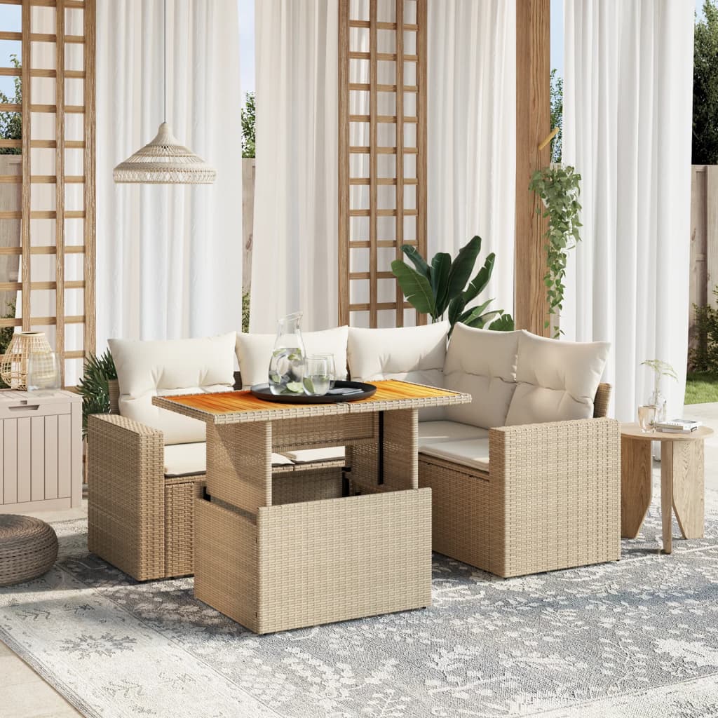 VidaXL 5-delige Loungeset met kussens poly rattan beige