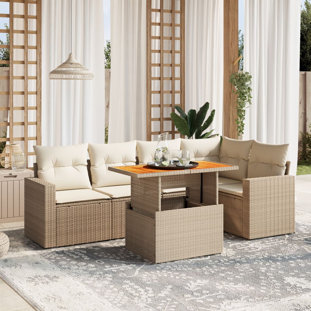 VidaXL 6-delige Loungeset met kussens poly rattan beige