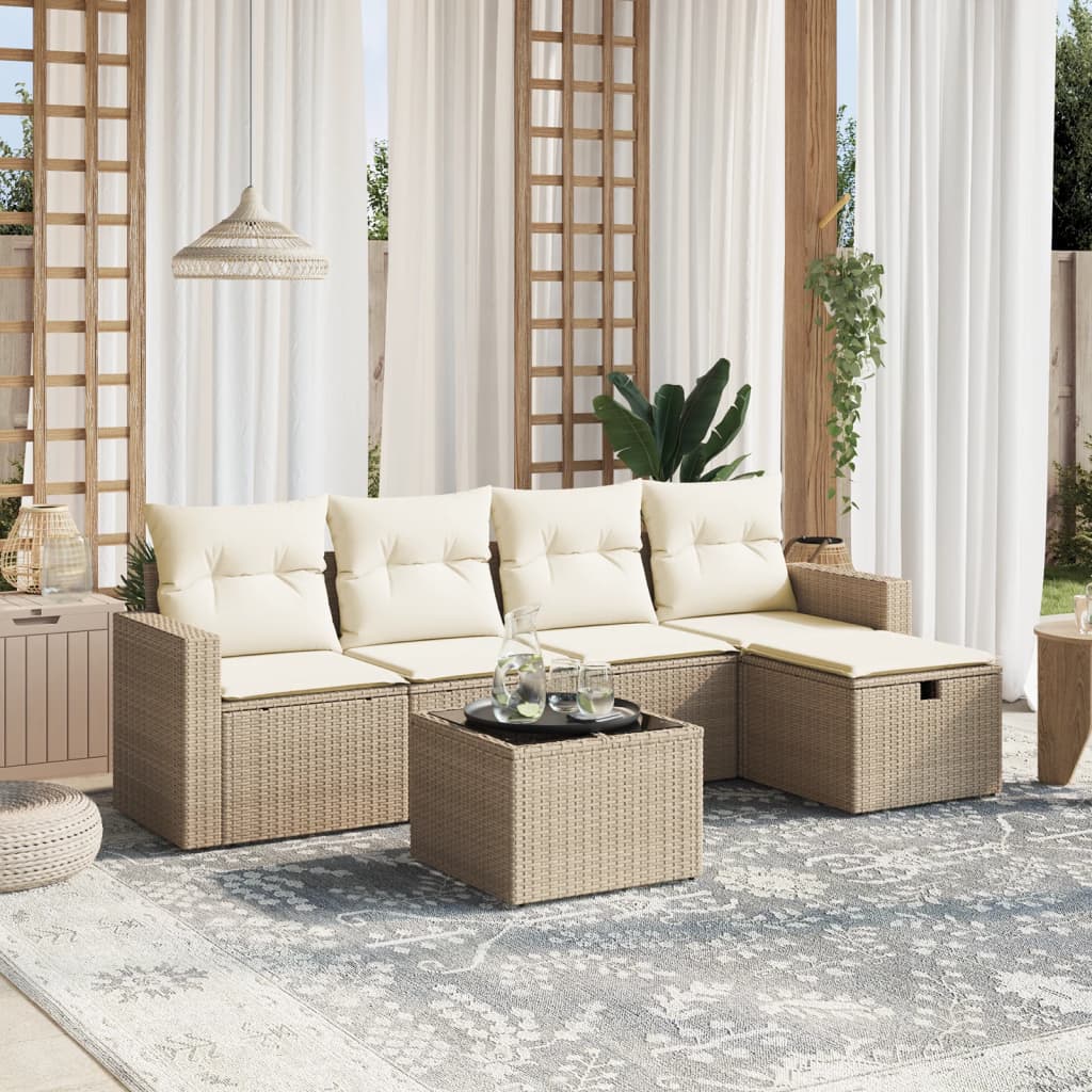 VidaXL 6-delige Loungeset met kussens poly rattan beige