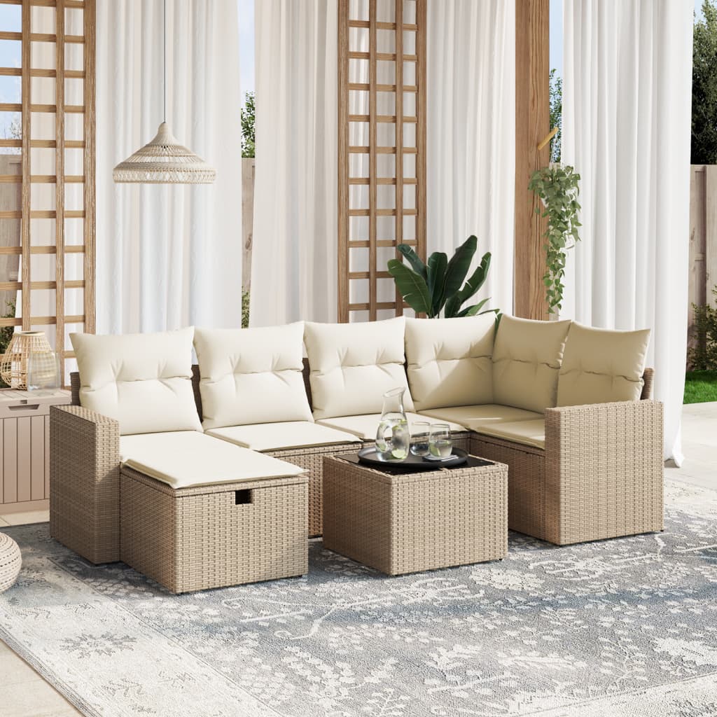 VidaXL 7-delige Loungeset met kussens poly rattan beige