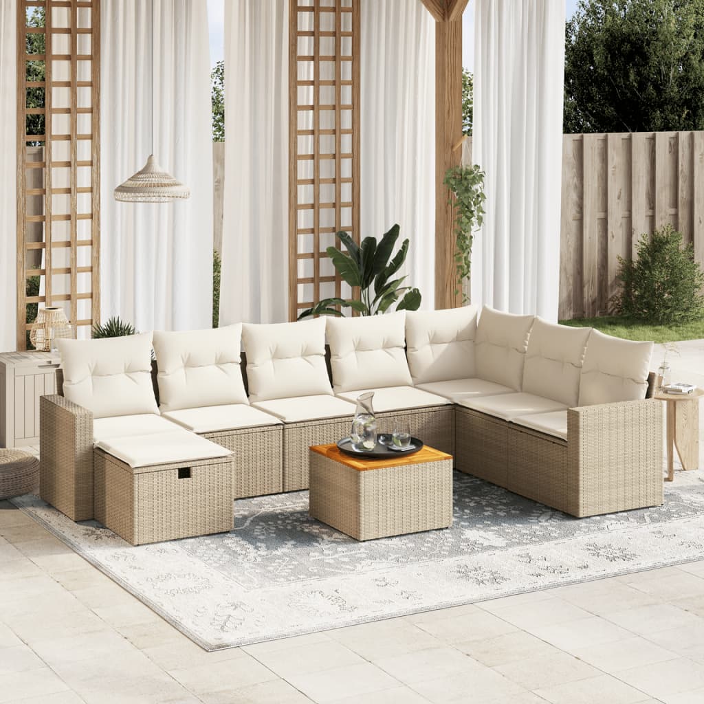 VidaXL 9-delige Loungeset met kussens poly rattan beige