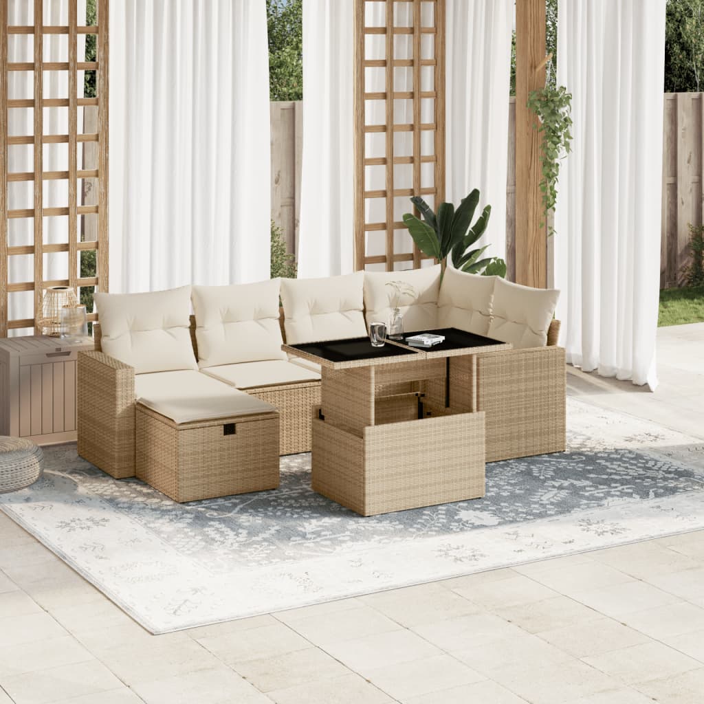 VidaXL 7-delige Loungeset met kussens poly rattan beige