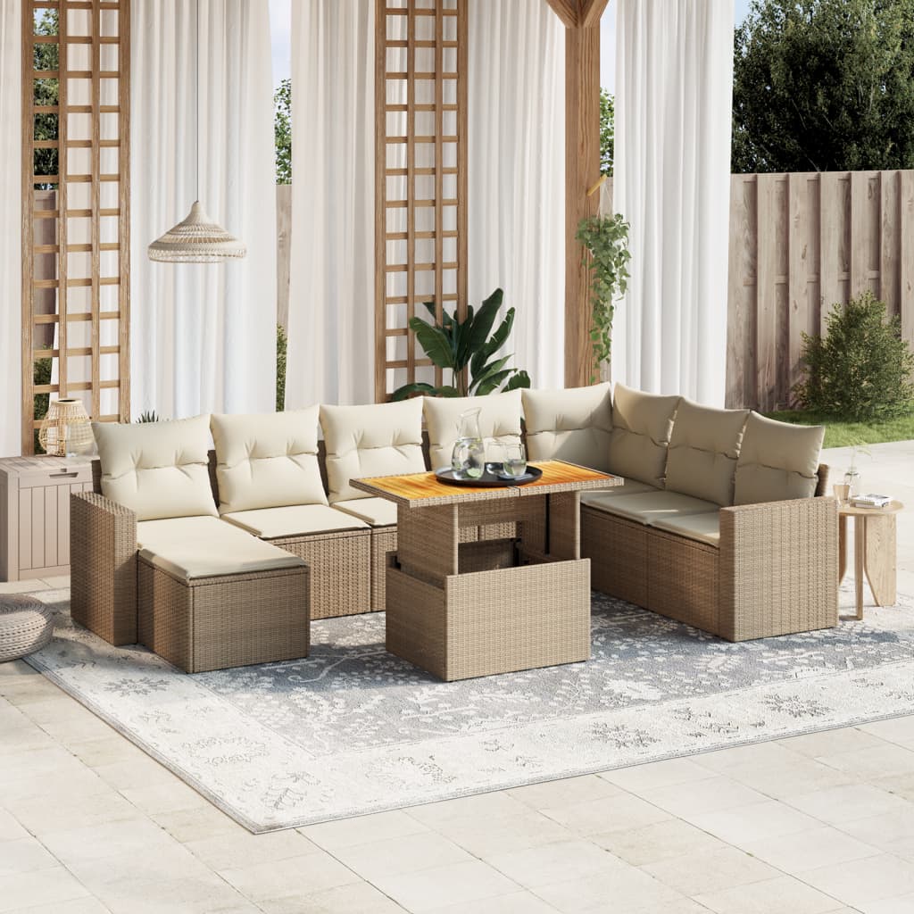 VidaXL 9-delige Loungeset met kussens poly rattan beige