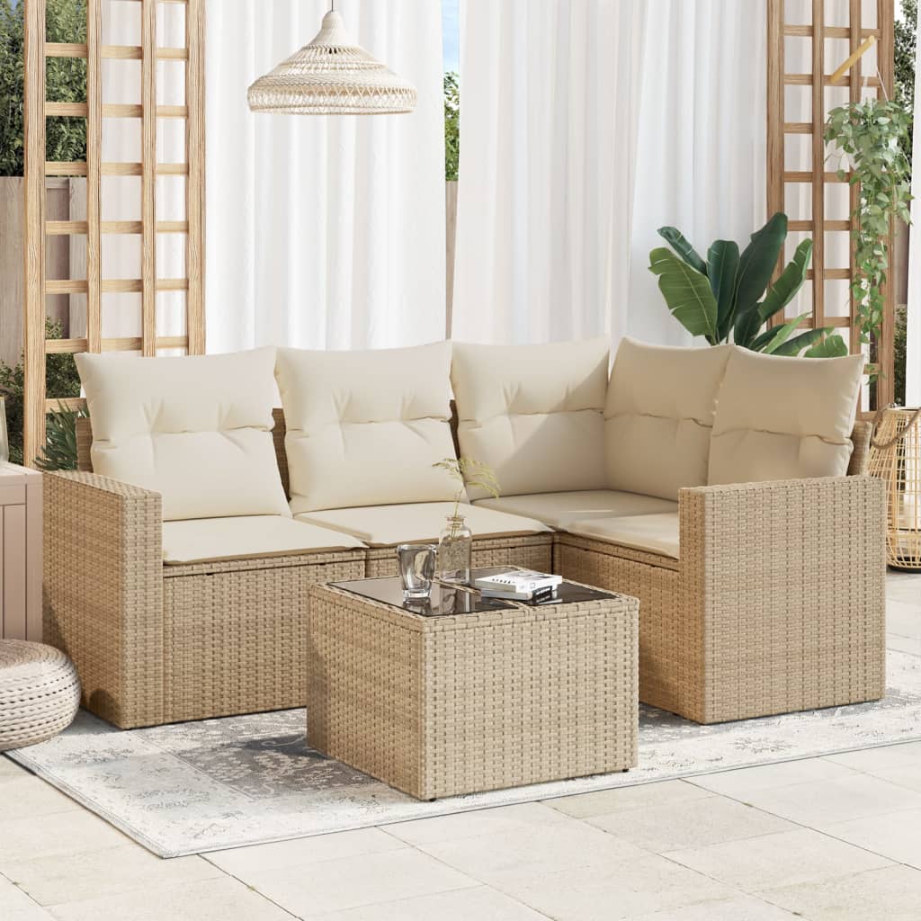 VidaXL 5-delige Loungeset met kussens poly rattan beige