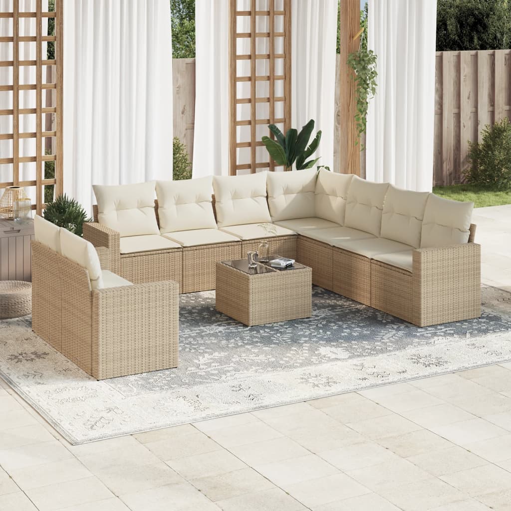 VidaXL 10-delige Loungeset met kussens poly rattan beige