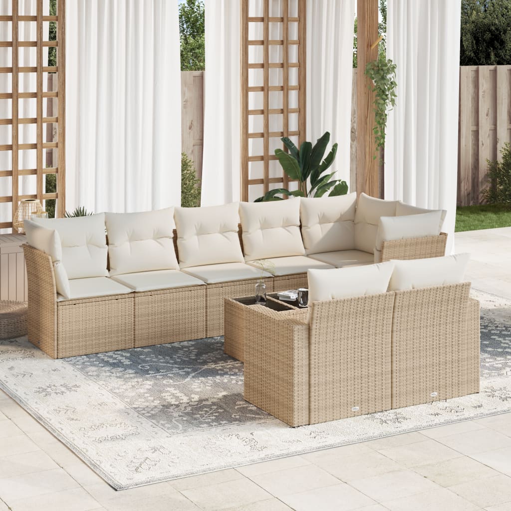 VidaXL 9-delige Loungeset met kussens poly rattan beige