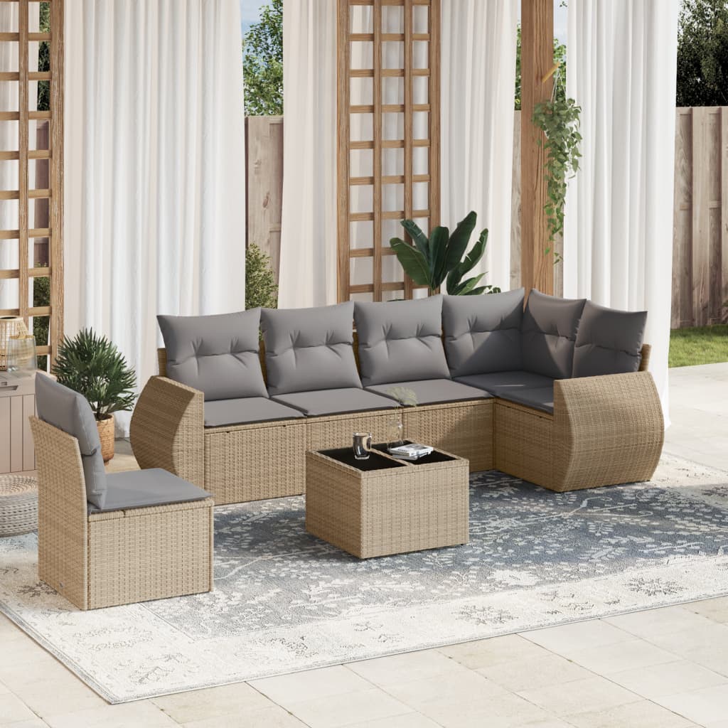 VidaXL 7-delige Loungeset met kussens poly rattan beige