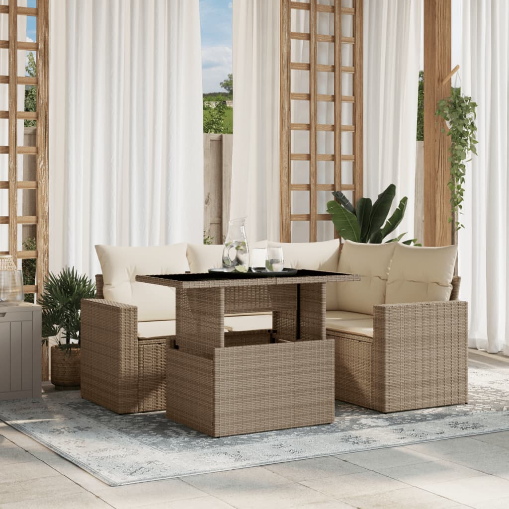 VidaXL 5-delige Loungeset met kussens poly rattan beige