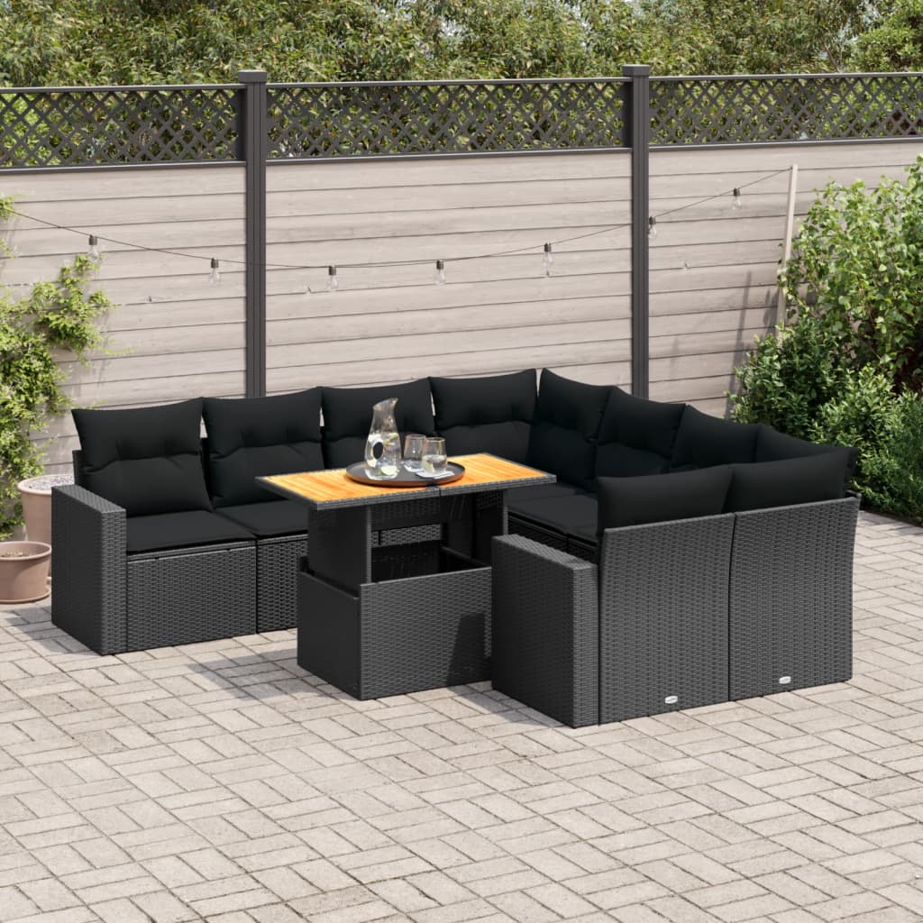 VidaXL 9-delige Loungeset met kussens poly rattan zwart