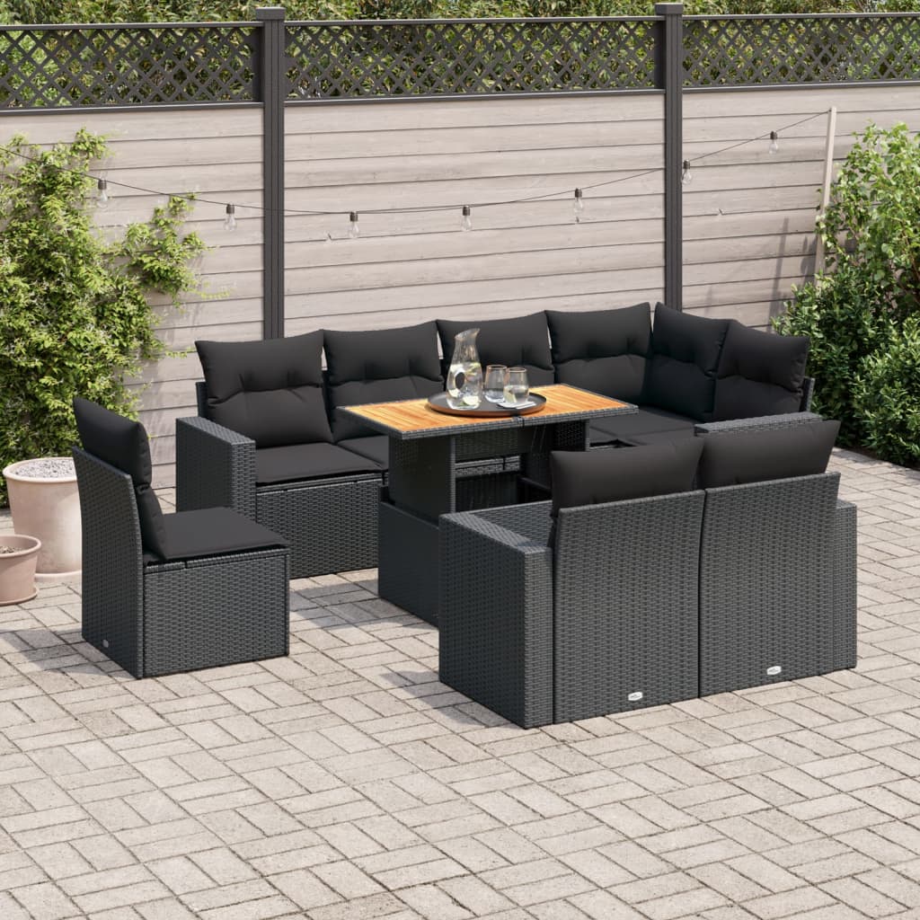 VidaXL 9-delige Loungeset met kussens poly rattan zwart