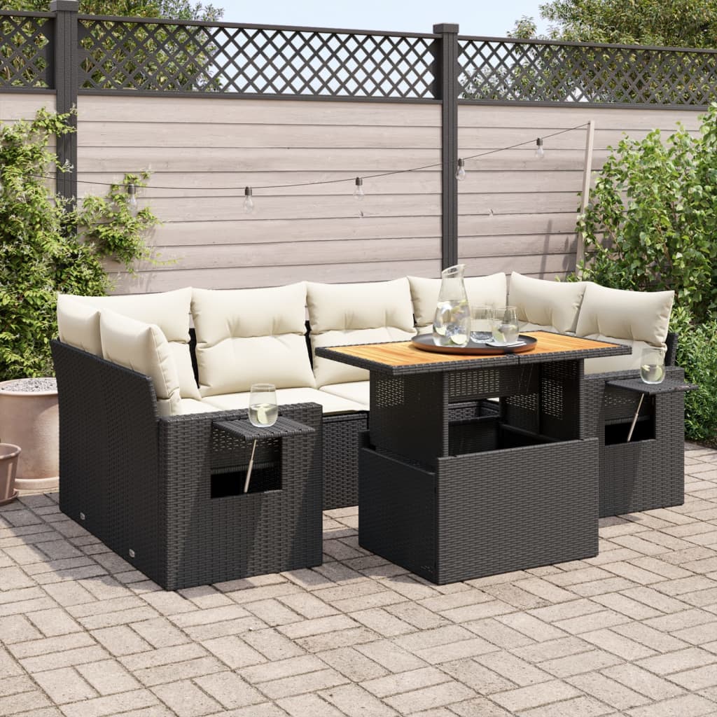 VidaXL 7-delige Loungeset met kussens poly rattan zwart