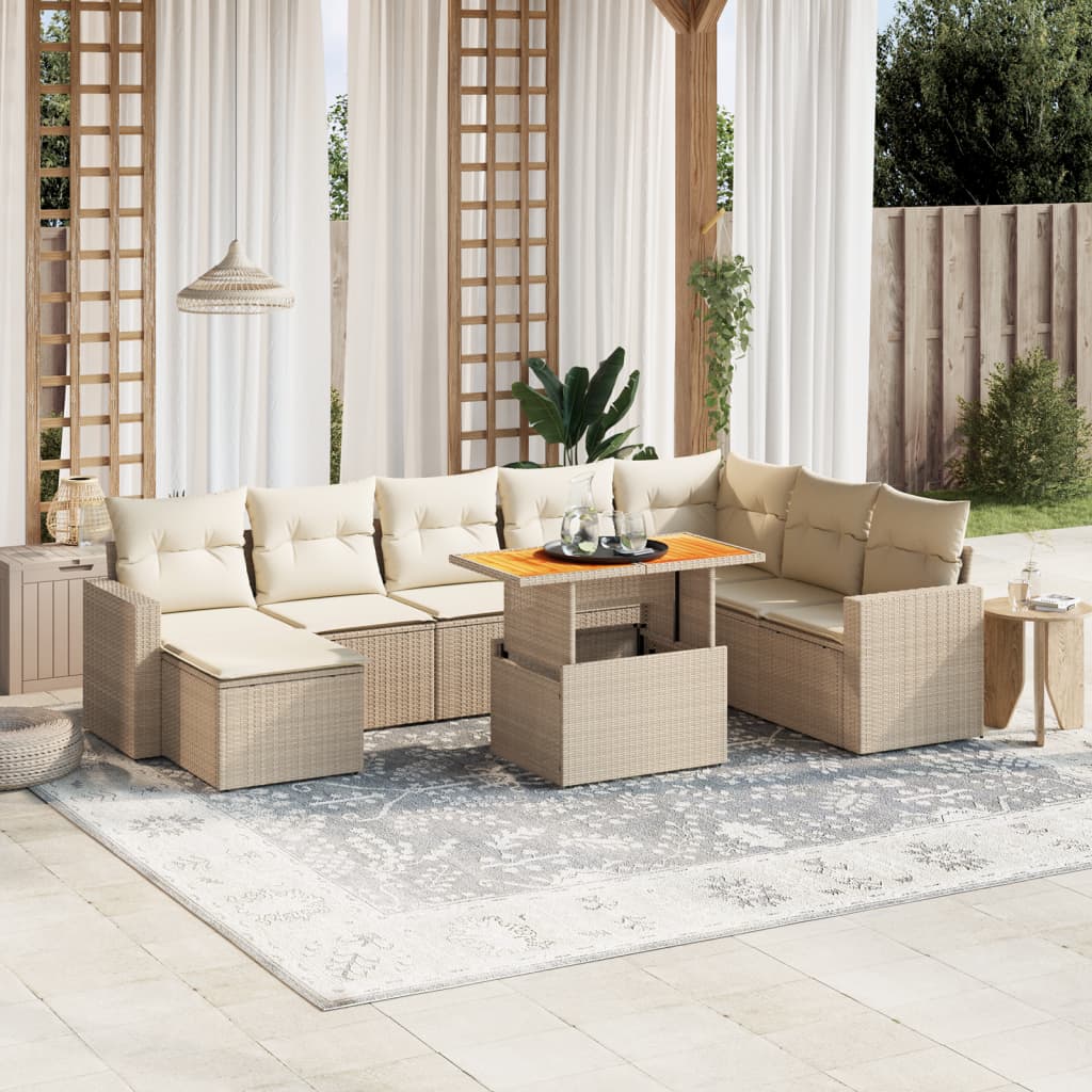 VidaXL 9-delige Loungeset met kussens poly rattan beige