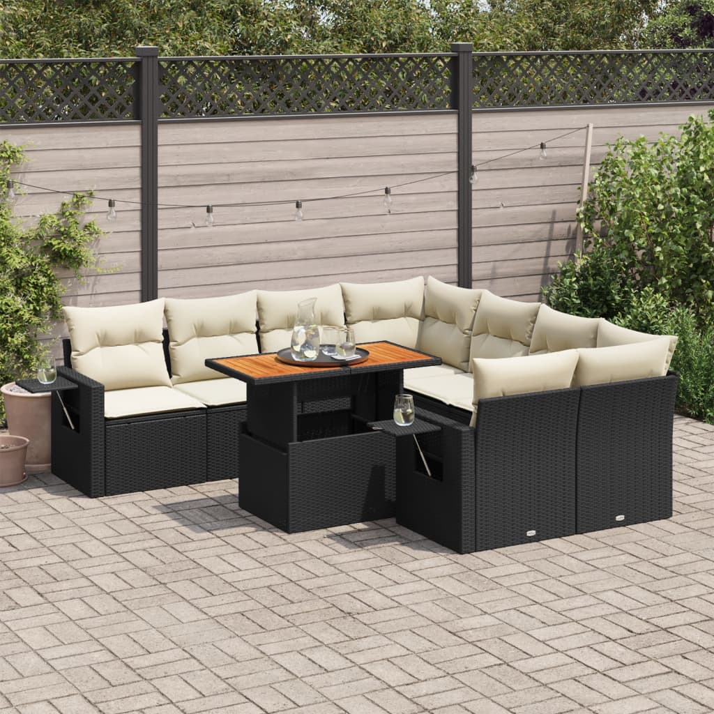 VidaXL 9-delige Loungeset met kussens poly rattan zwart