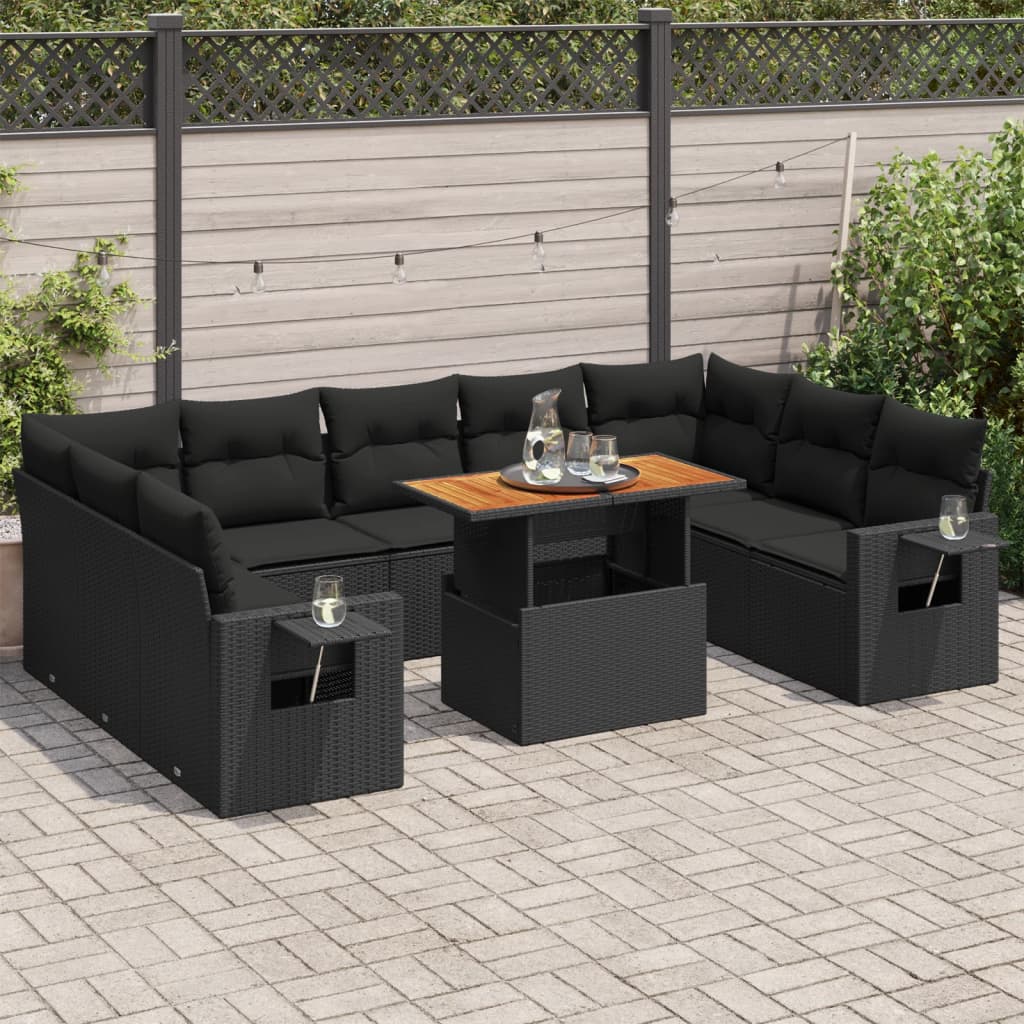 VidaXL 10-delige Loungeset met kussens poly rattan zwart