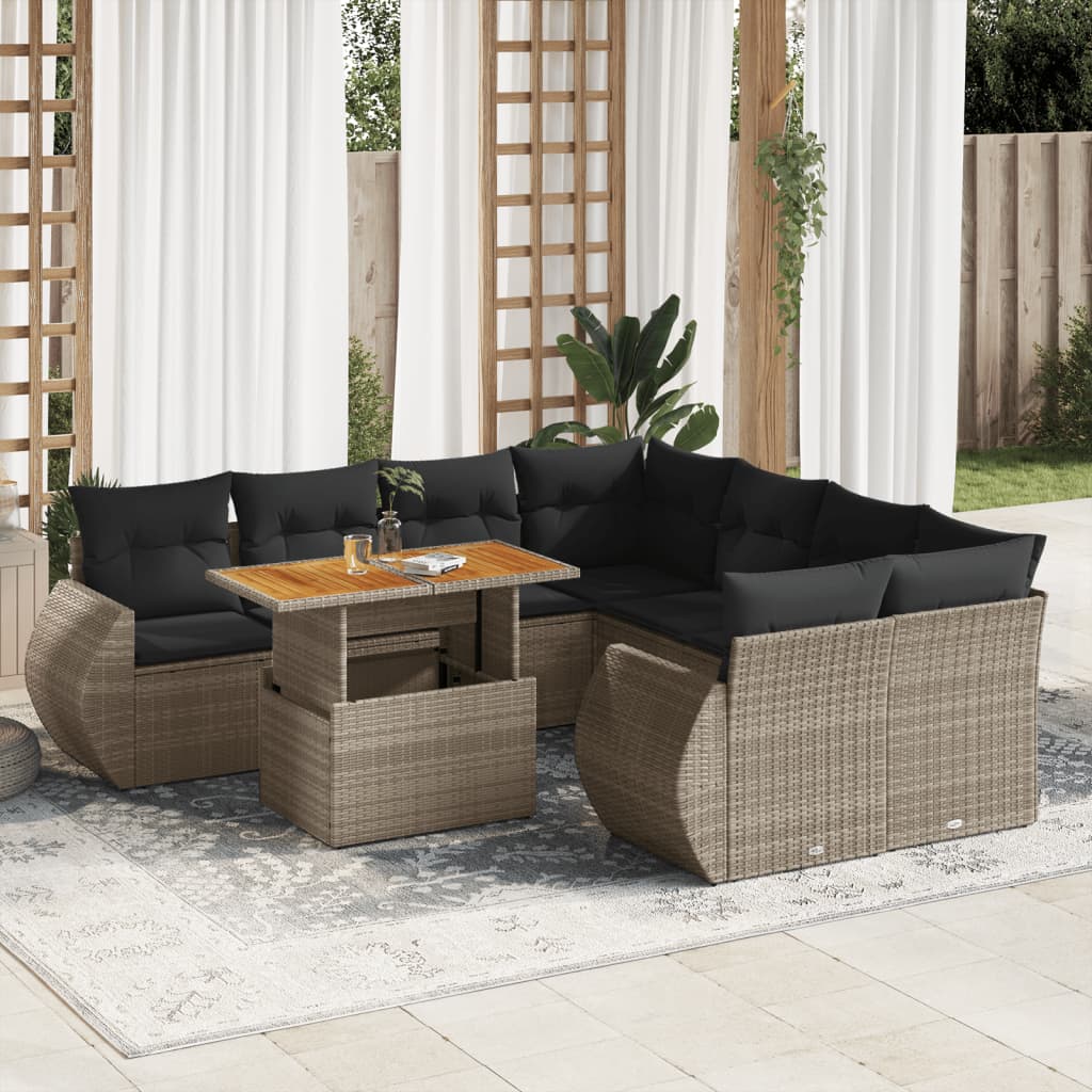 VidaXL 9-delige Loungeset met kussens poly rattan grijs