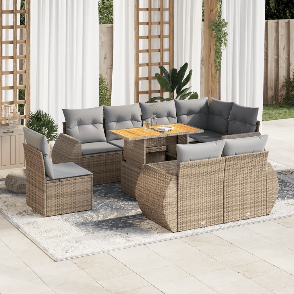 VidaXL 9-delige Loungeset met kussens poly rattan beige