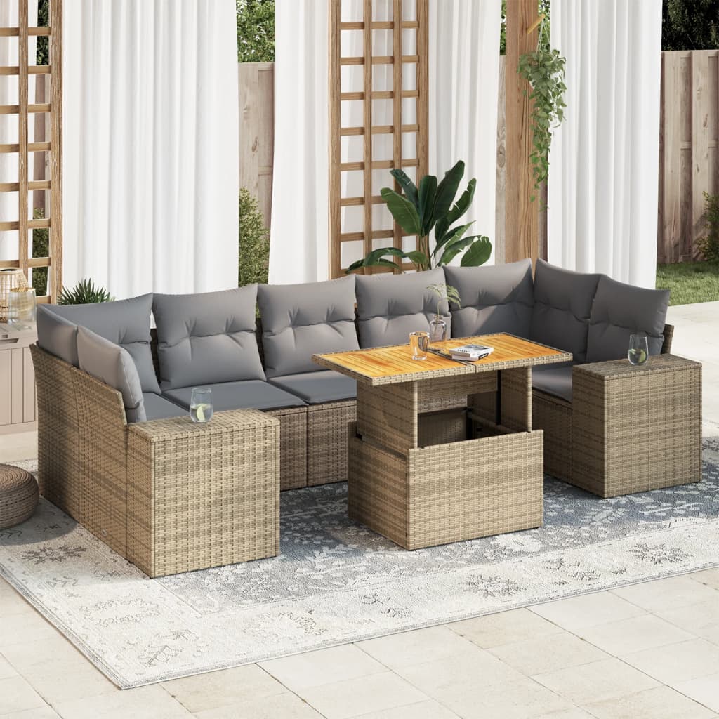 VidaXL 8-delige Loungeset met kussens poly rattan beige