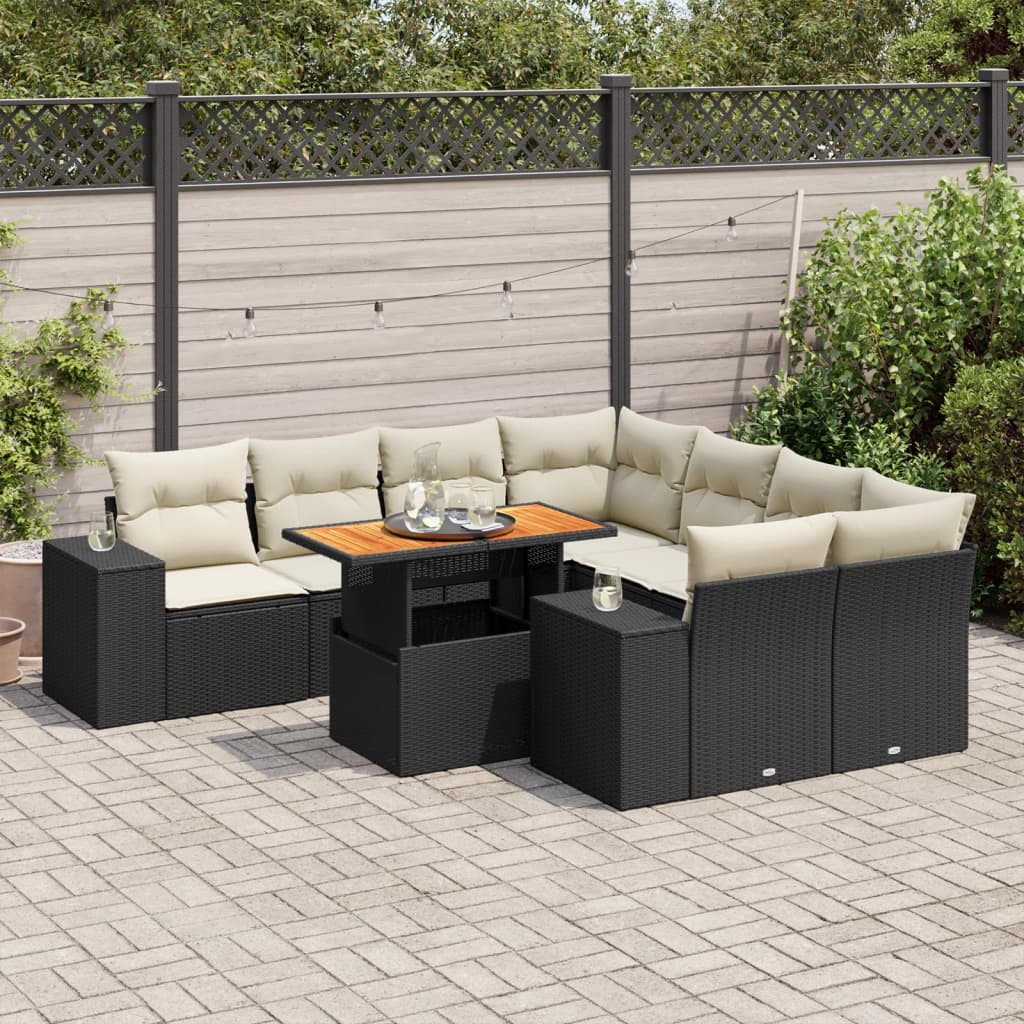 VidaXL 9-delige Loungeset met kussens poly rattan zwart