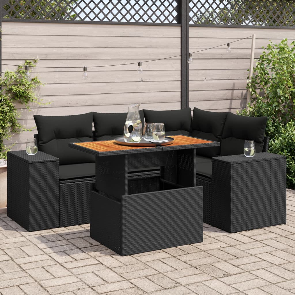 VidaXL 5-delige Loungeset met kussens poly rattan zwart