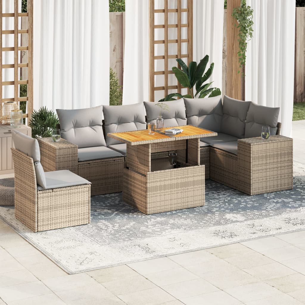 VidaXL 7-delige Loungeset met kussens poly rattan beige