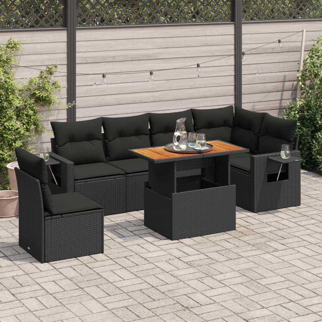 VidaXL 7-delige Loungeset met kussens poly rattan zwart