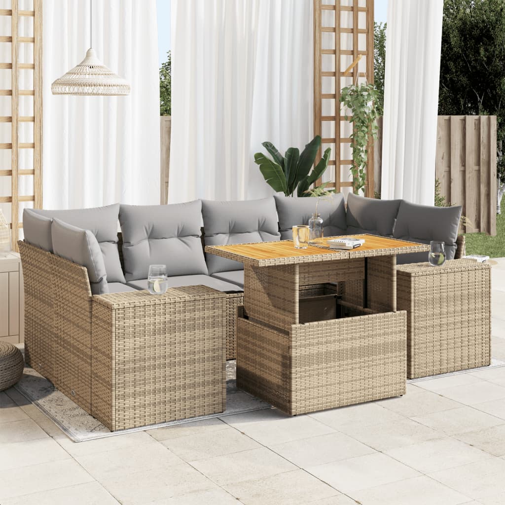 VidaXL 7-delige Loungeset met kussens poly rattan beige